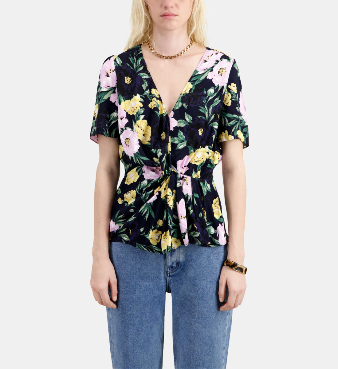 Multicolor Floral Print Long Sleeve Top With Draping | Women | Light Pink x Dark Navy