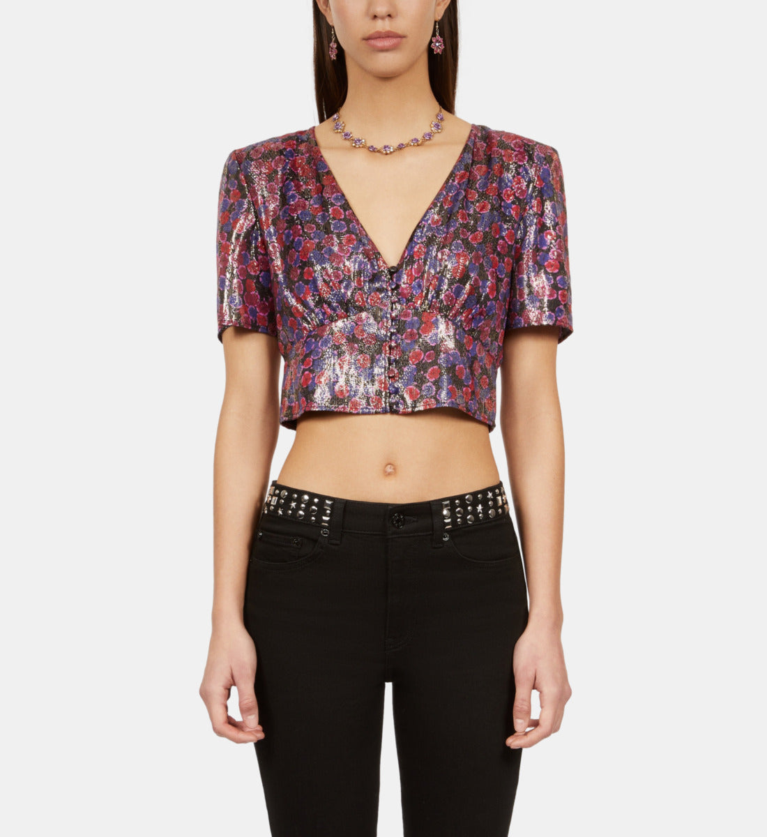 Floral Metallic Cropped Top | Women | Blue Red