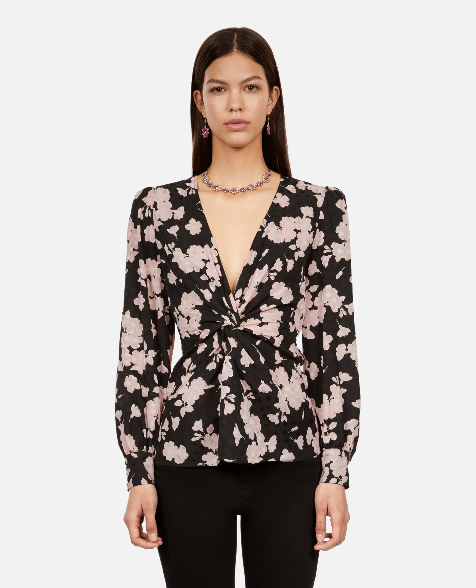 Floral Print Top With Draping Front Twist | Women | Black x Pink