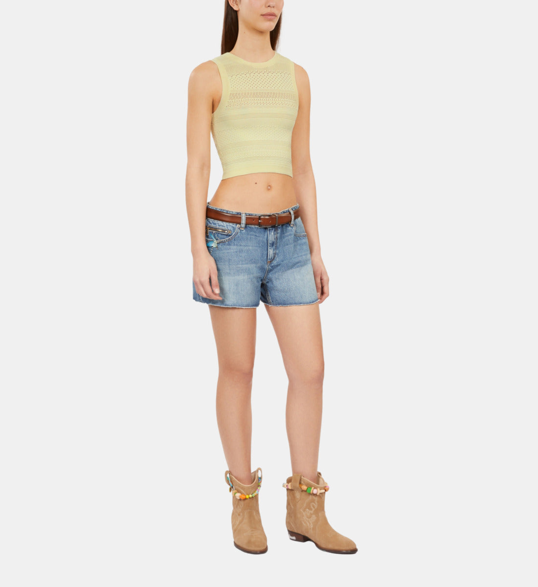 Short Light Openwork Knit Top | Women | Bright Yellow