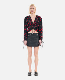 Cherry Printed Cropped Top With Ruffles | Women | Black x Red