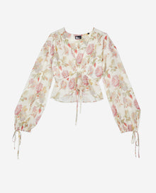 Floral Printed Silk Top With Ruffles | Women | Beige x Red