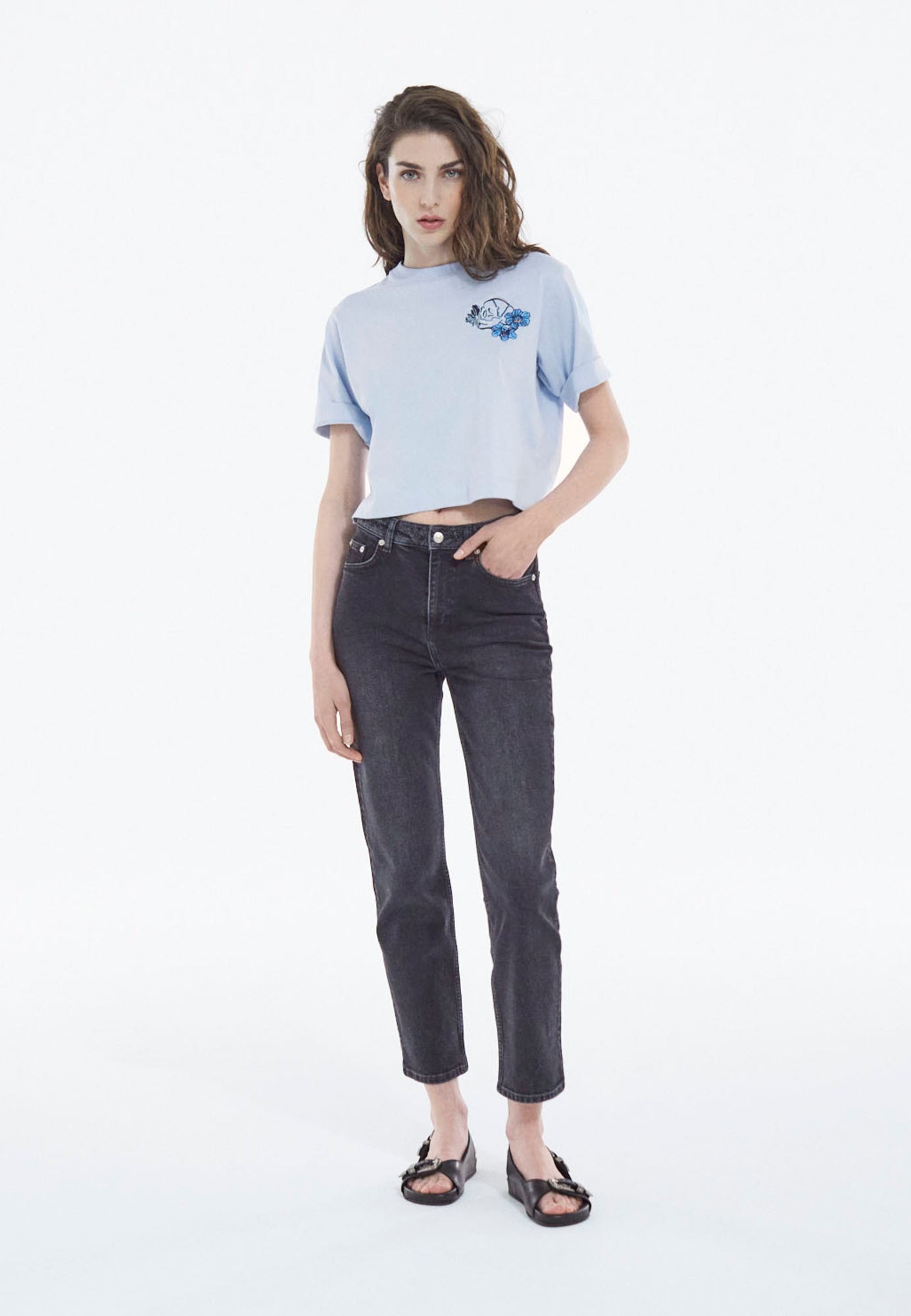 Cotton Embroidered T-Shirt W/ Crew Neck | Women | Blue