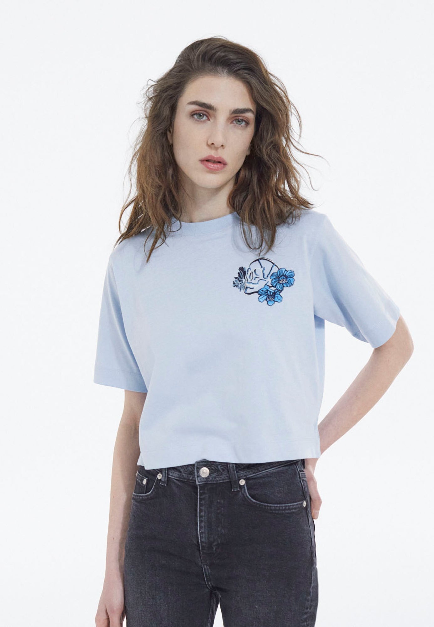 Cotton Embroidered T-Shirt W/ Crew Neck | Women | Blue