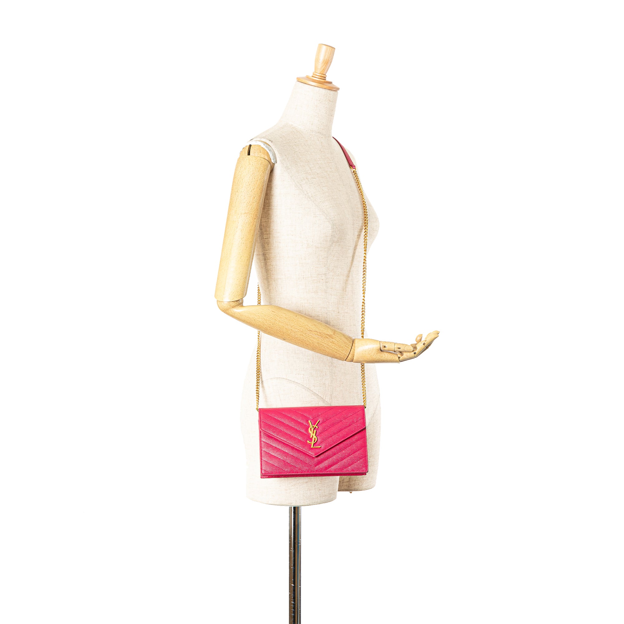 Saint Laurent | Pre-Owned Grain De Poudre Cassandre Envelope Chain Wallet | Pink/Hot Pink