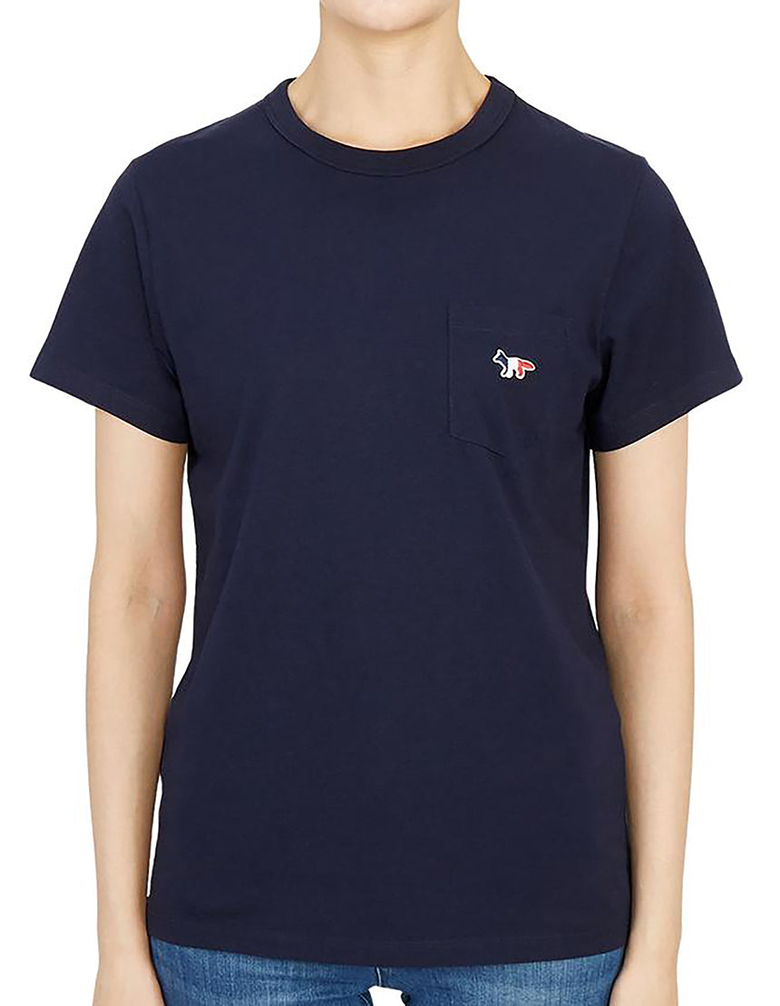 Womens | Tricolor Fox Patch Short-Sleeve Classic Pocket Cotton Tee-Shirt | Navy