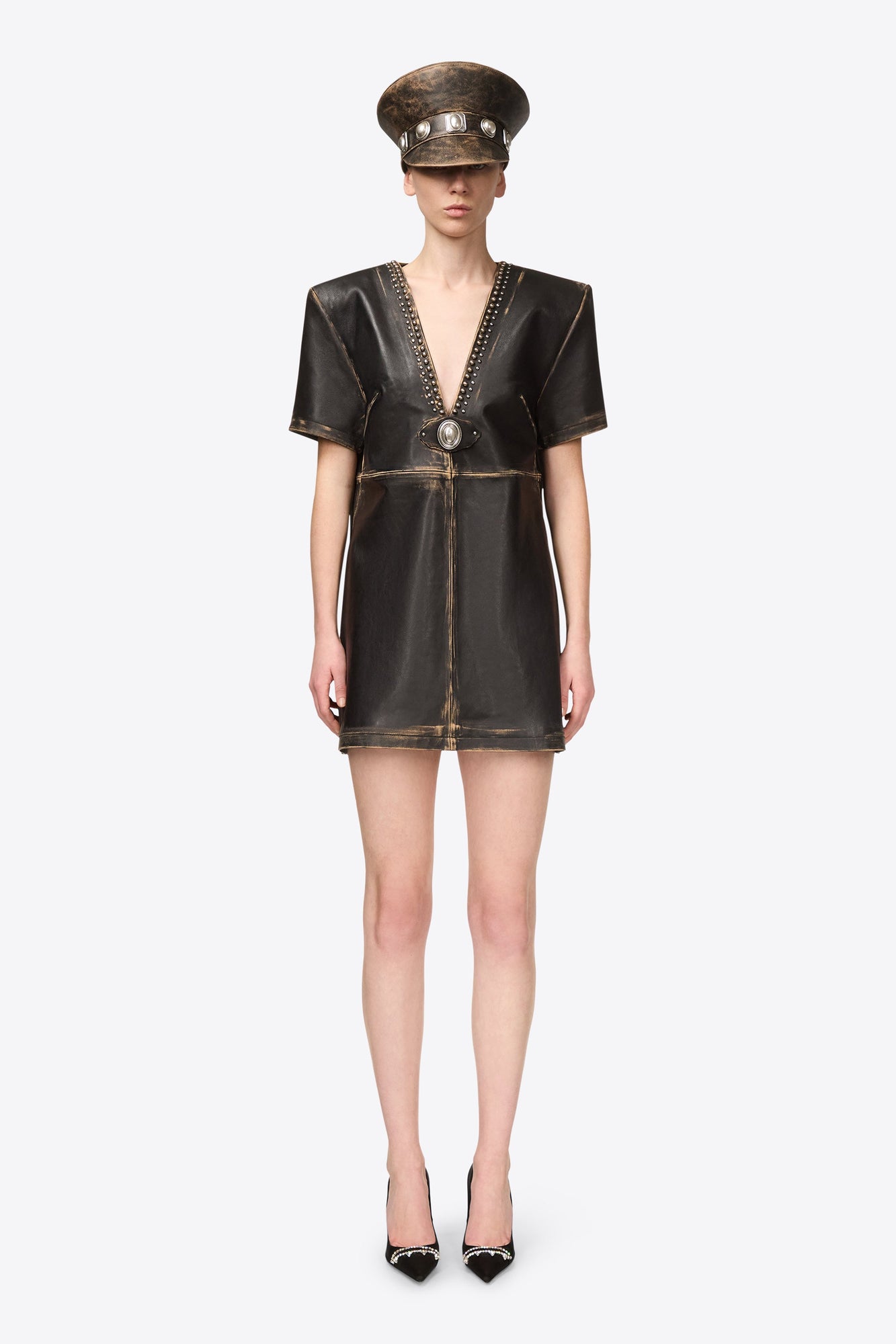 Studded Leather V-Neck T-Shirt Dress | Black