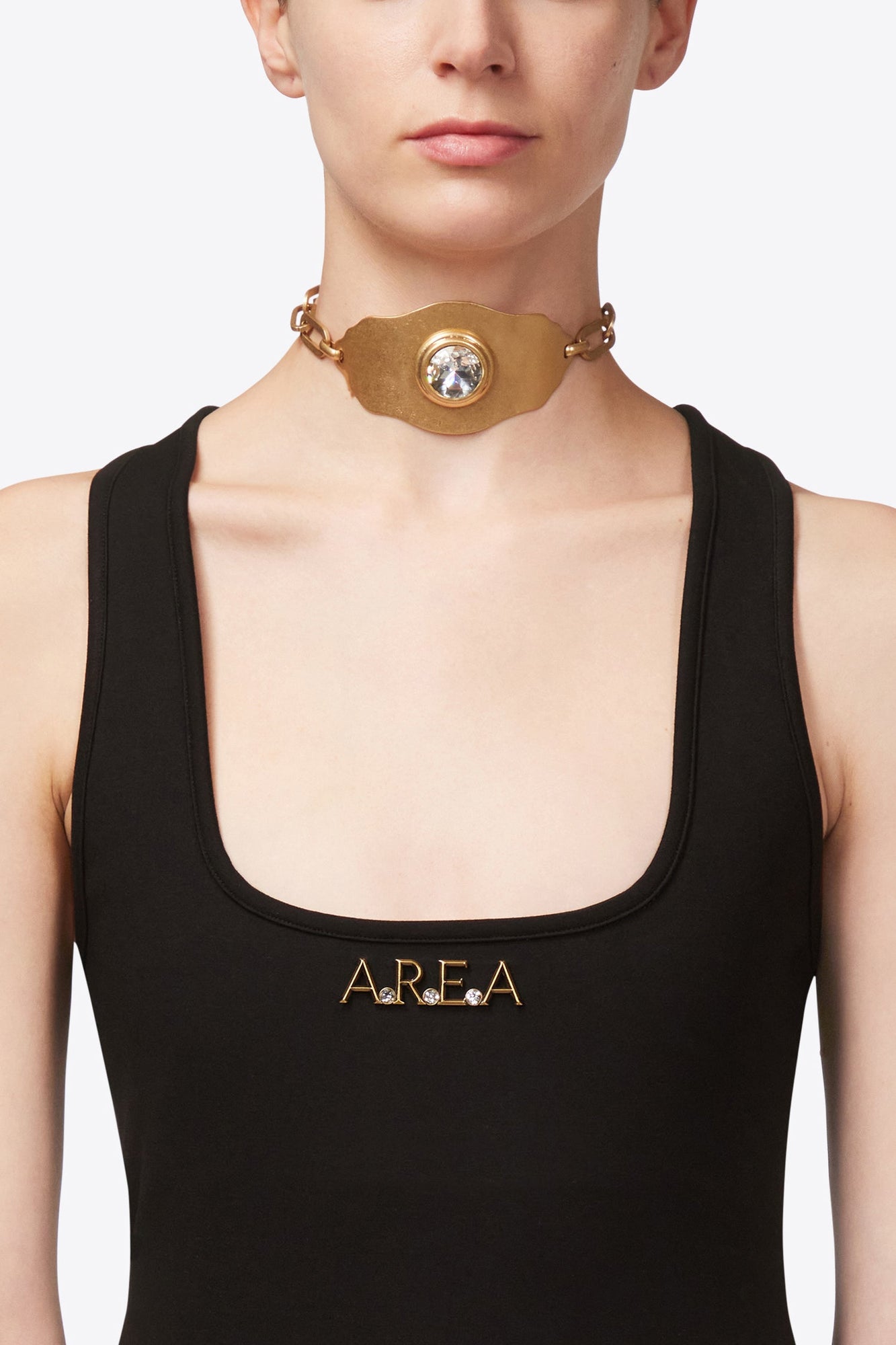 Crystal Glass | Chain Plate Choker Necklace | Antique Gold