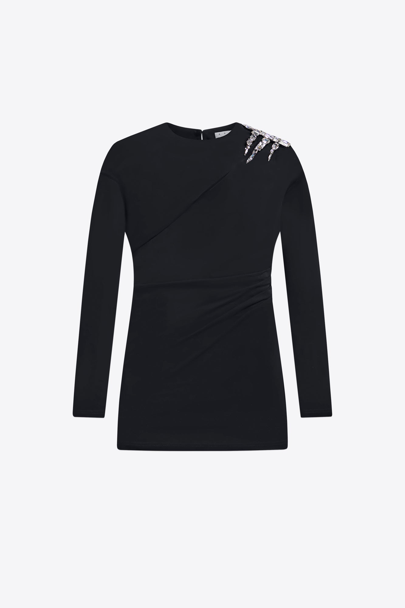 Crystal Cluster Draped Long Sleeve Mini Dress | Black
