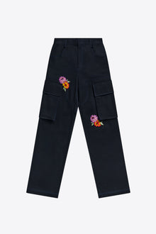 Embroidered Flower Cargo Pant | Midnight Blue