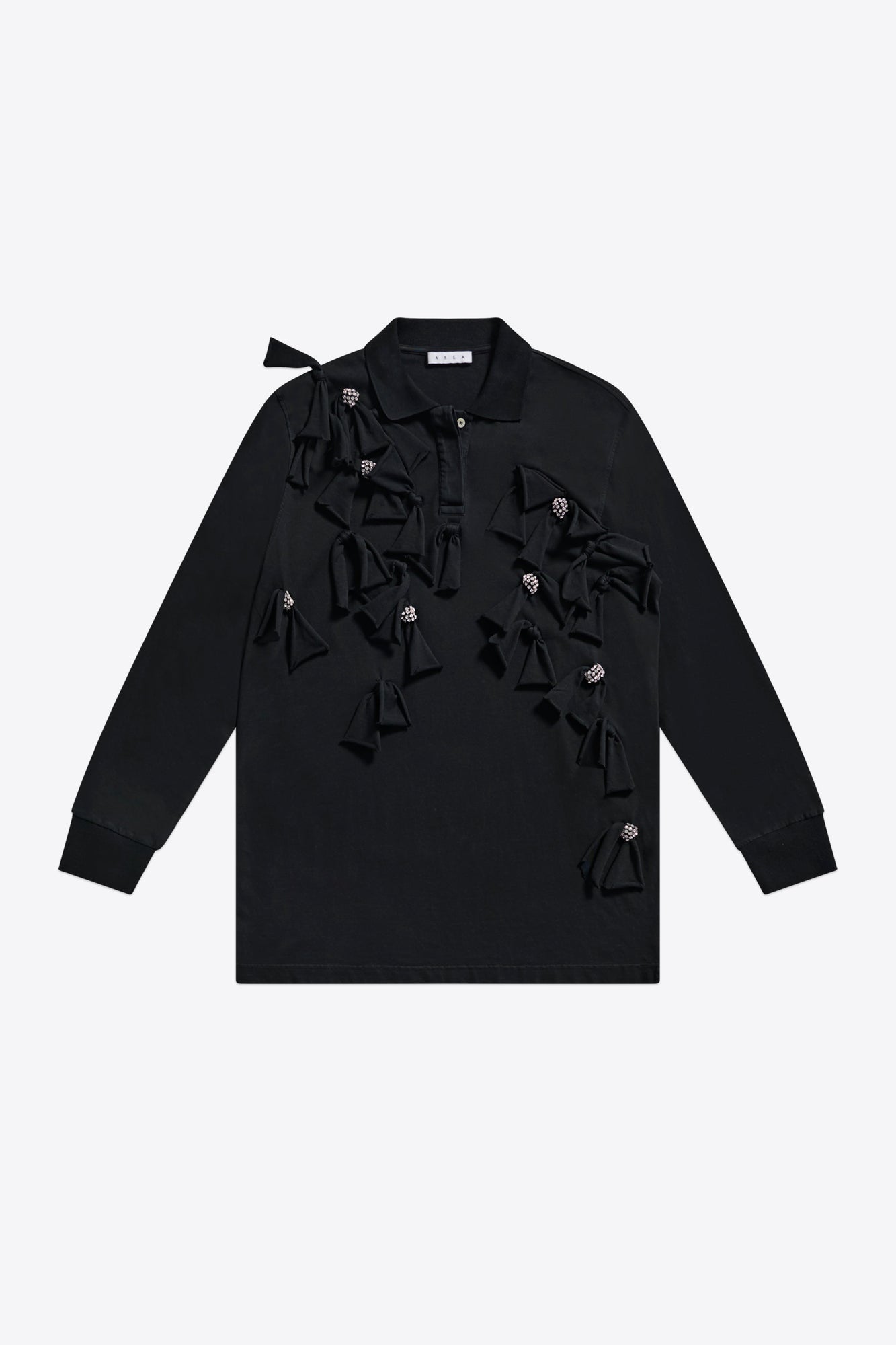 Allover Crystal Embellished Bow Long Sleeve Polo | Washed Black