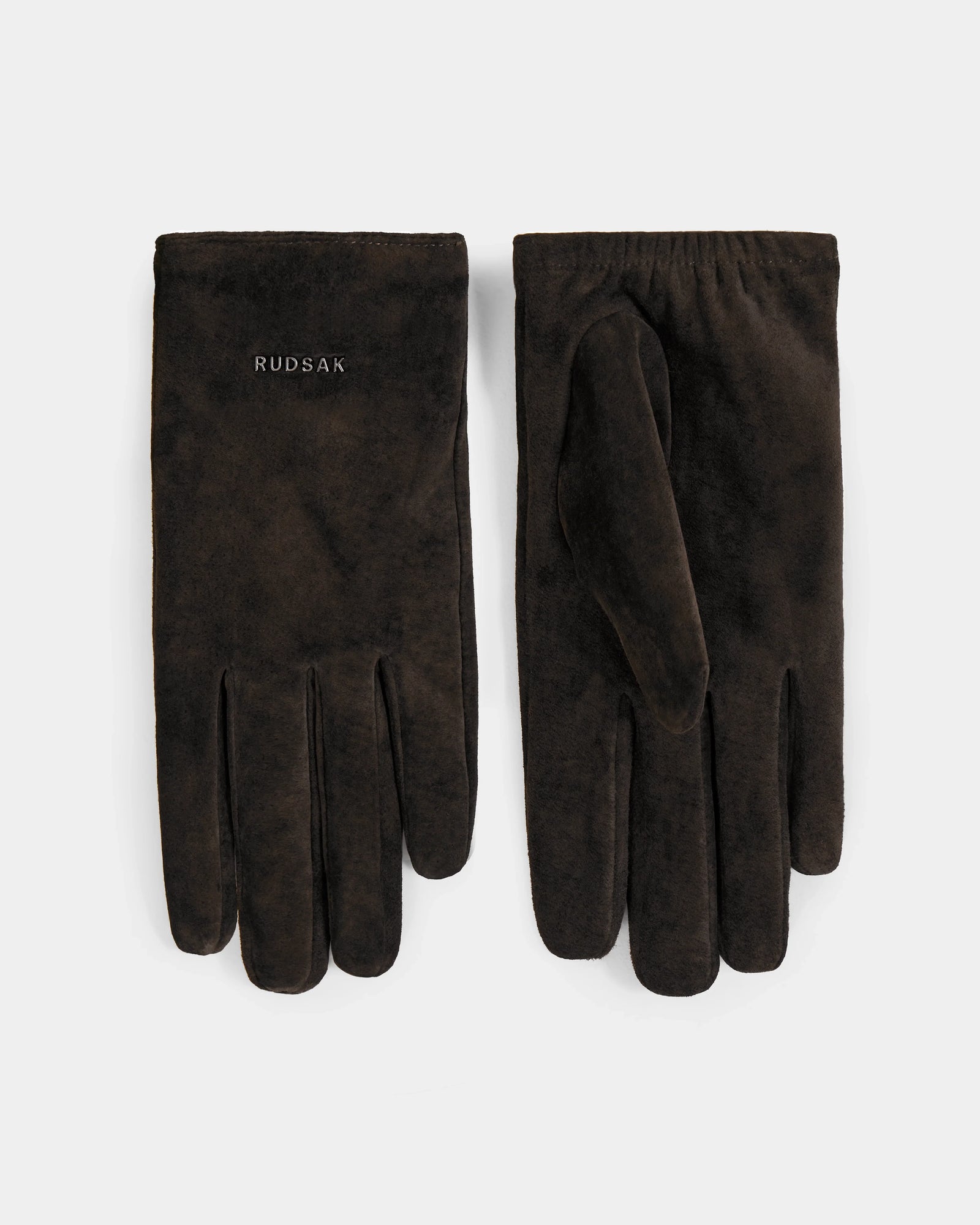 A pair of Rudsak FLORA - L425542 Espresso women’s suede gloves, wool-cashmere lined for warmth and featuring brand embroidery on the left glove, displayed flat against a white background.