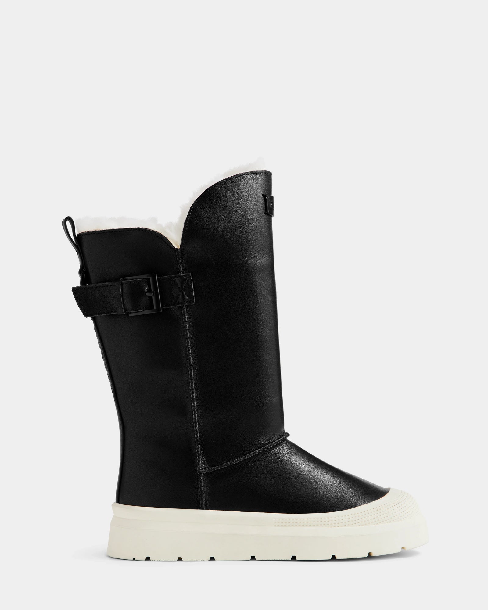 The KLAIR L - L225519 Black by Rudsak is a black leather mid-calf women's boot with a thick white sole, wool lining, side buckle detail, and back pull tab—perfect city boots—displayed on a plain light background.