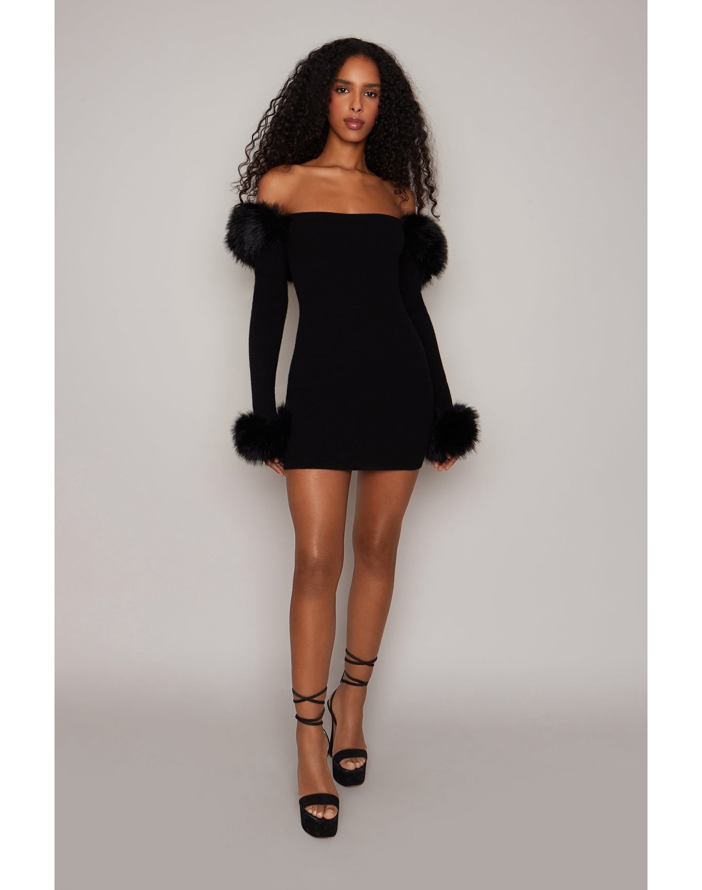 Faux Fur Off The Shoulder Mini Dress | Black
