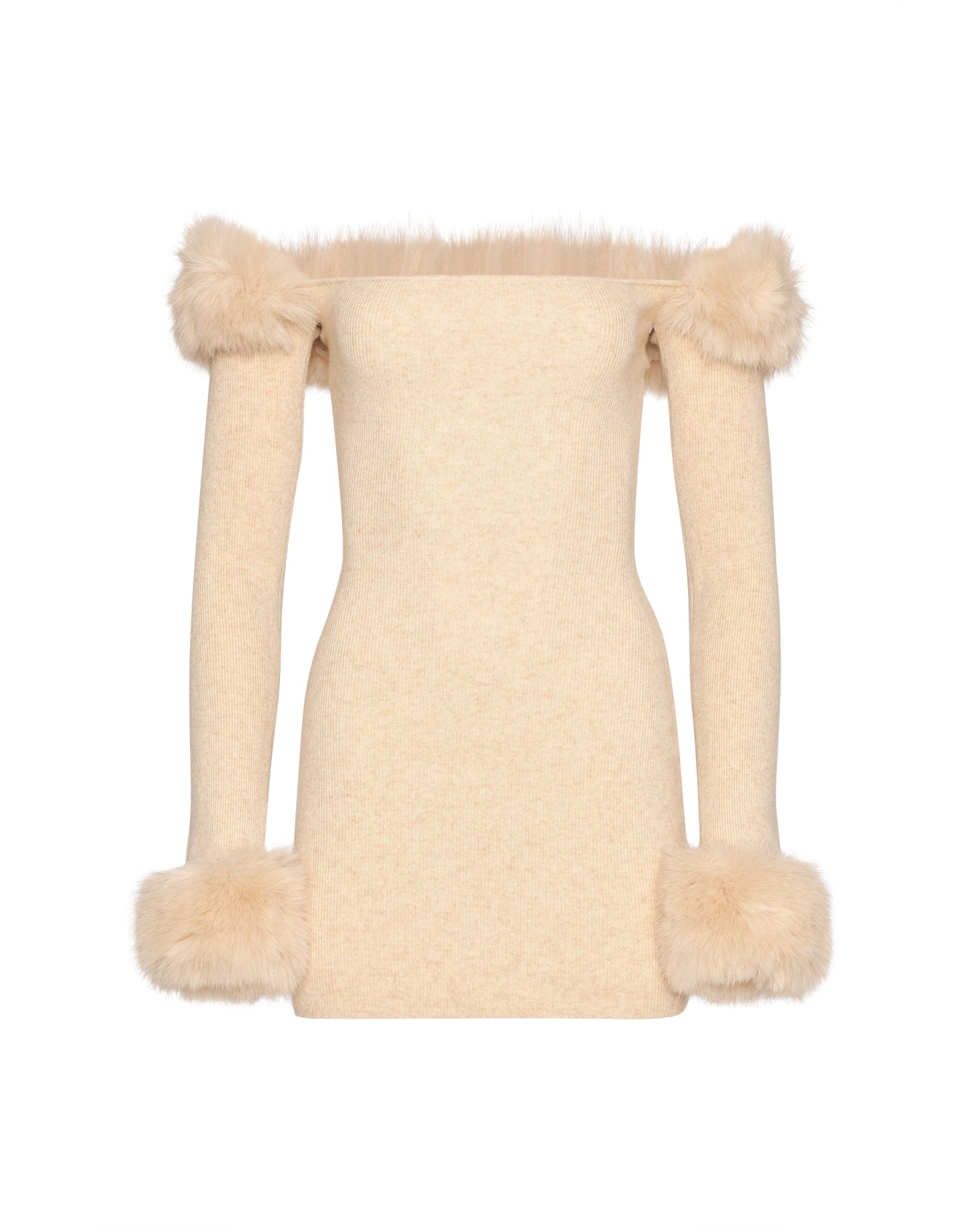 Faux Fur Off The Shoulder Mini Dress | Cream
