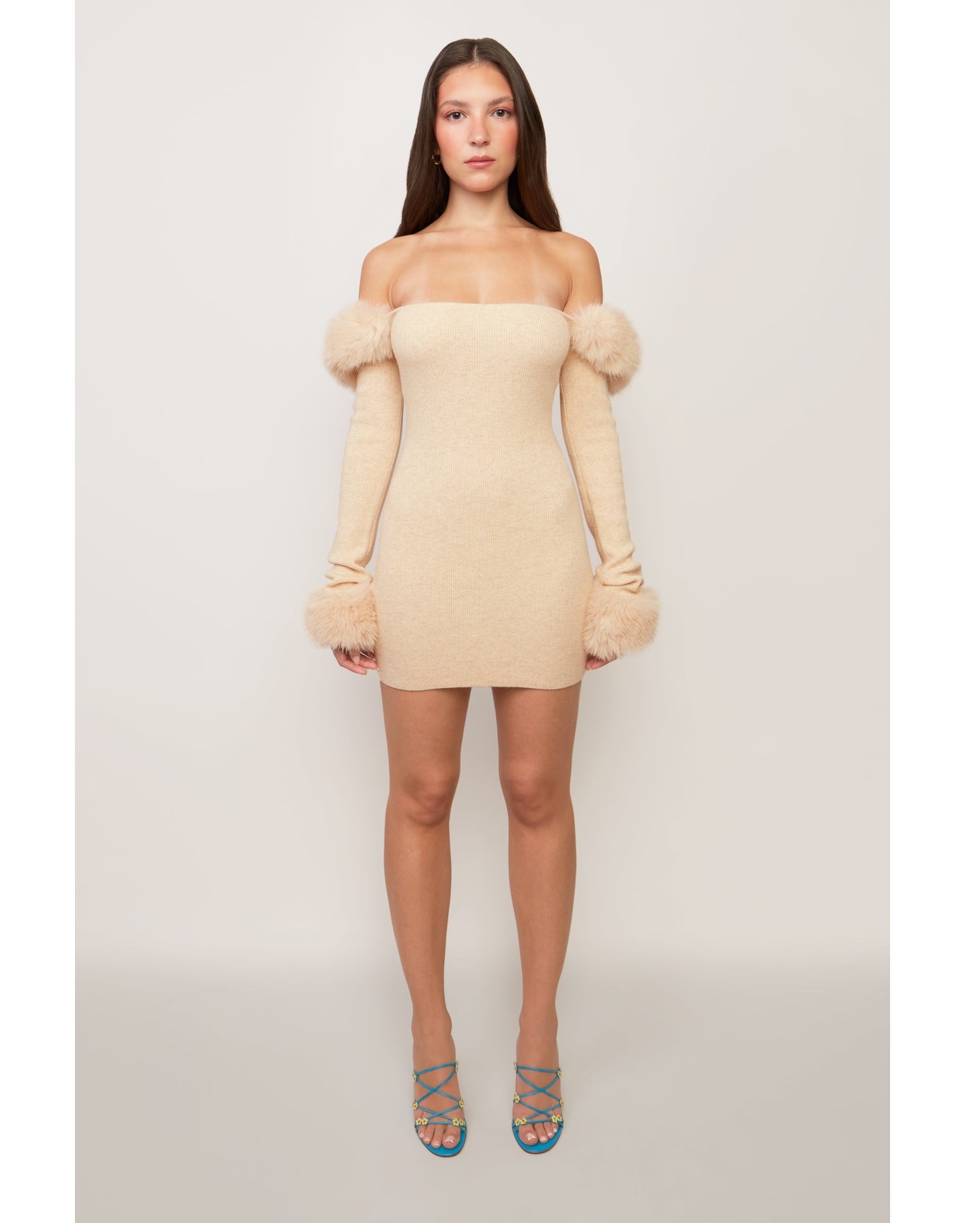 Faux Fur Off The Shoulder Mini Dress | Cream