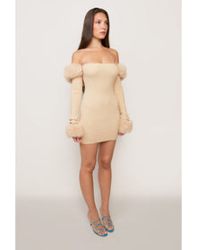 Faux Fur Off The Shoulder Mini Dress | Cream