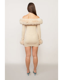 Faux Fur Off The Shoulder Mini Dress | Cream
