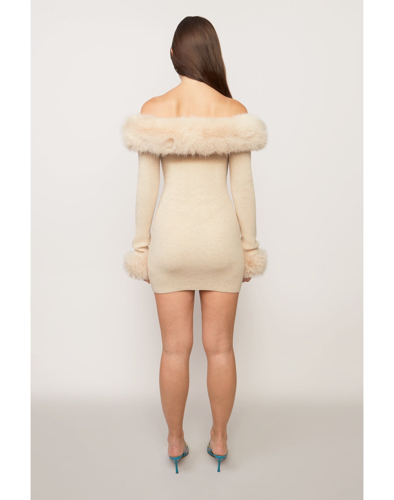 Faux Fur Off The Shoulder Mini Dress | Cream