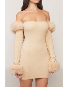 Faux Fur Off The Shoulder Mini Dress | Cream