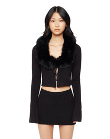 Faux Fur Tie Cardigan | Black