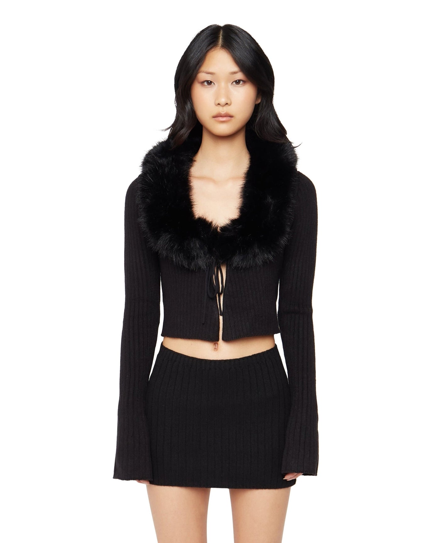 Faux Fur Tie Cardigan | Black