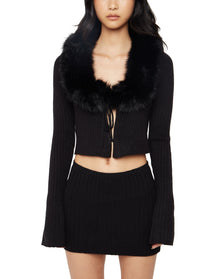 Faux Fur Tie Cardigan | Black
