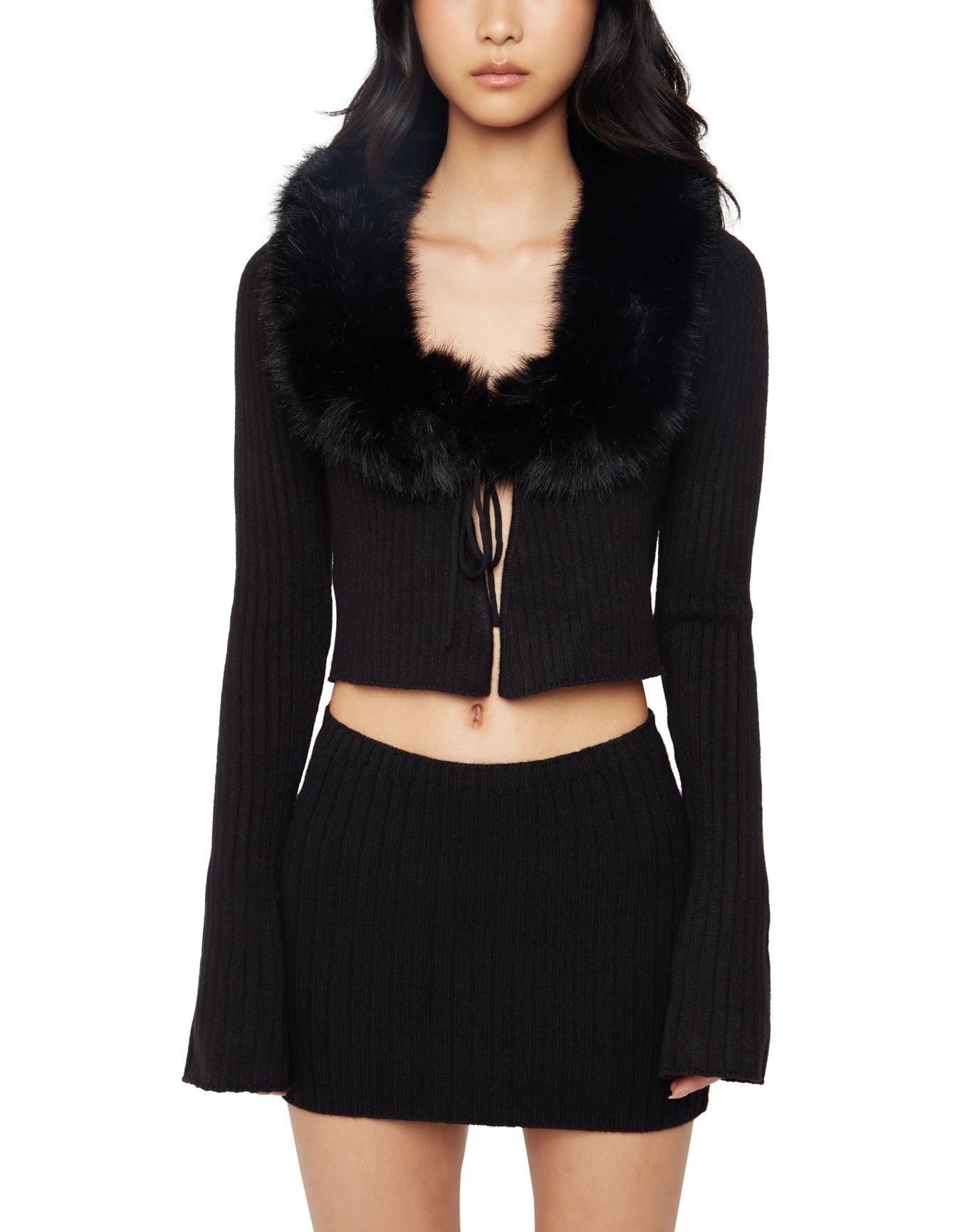 Faux Fur Tie Cardigan | Black