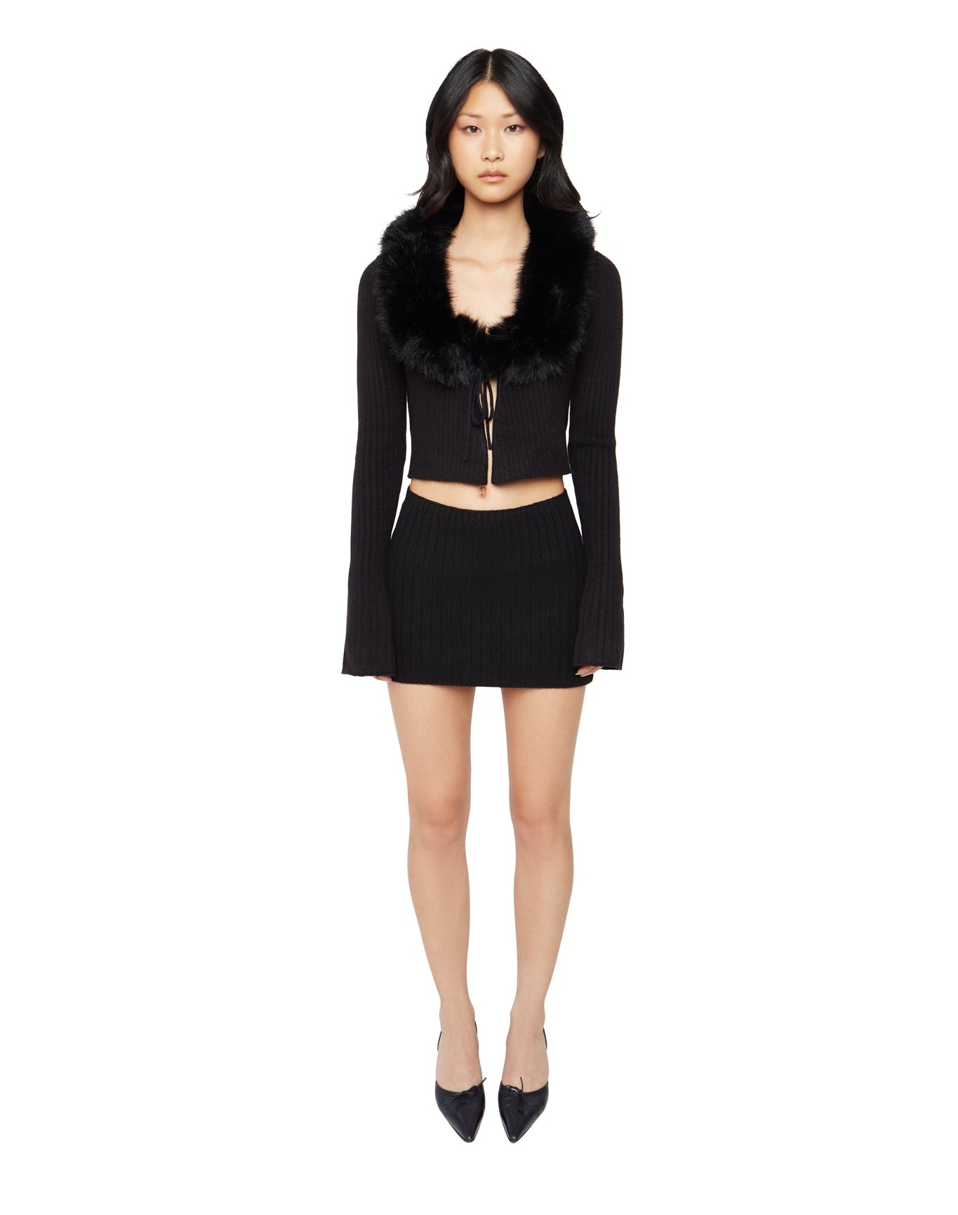 Faux Fur Tie Cardigan | Black