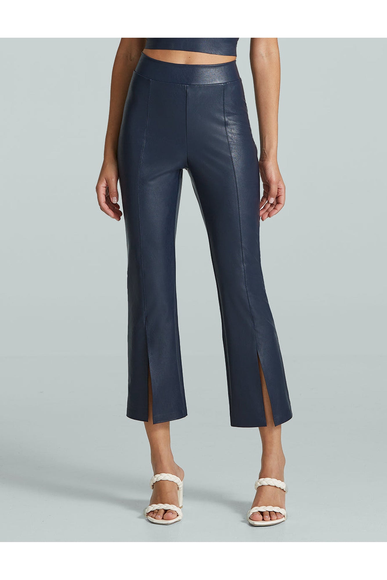 Faux Leather 7/8 Split Front Pant | Navy