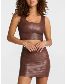 Faux Leather Animal Squareneck Crop Top | Brown Croc