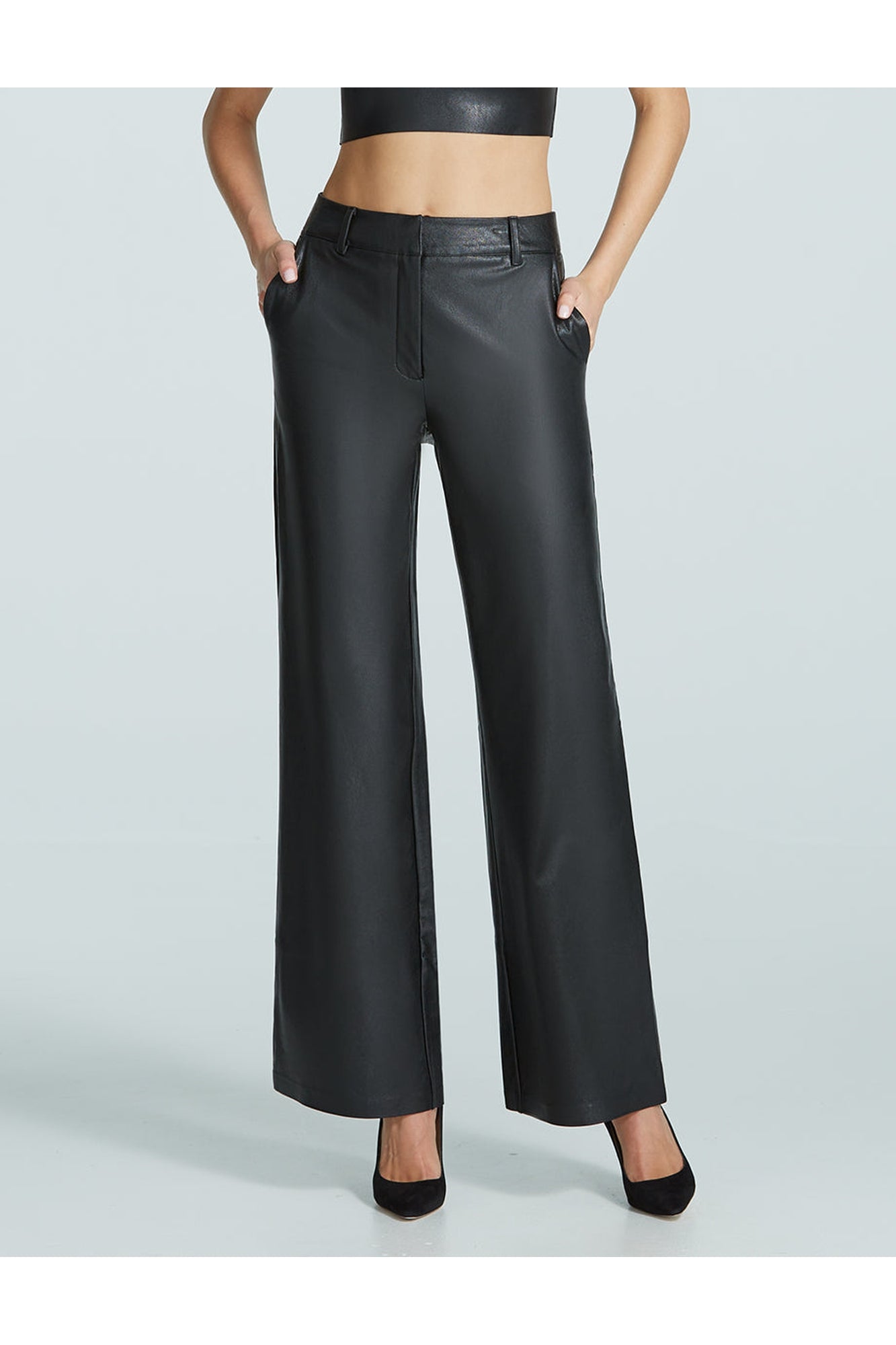 Faux Leather Wide Leg Trouser | Black