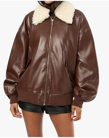Faux Sherpa Collar Bomber Jacket | Brown