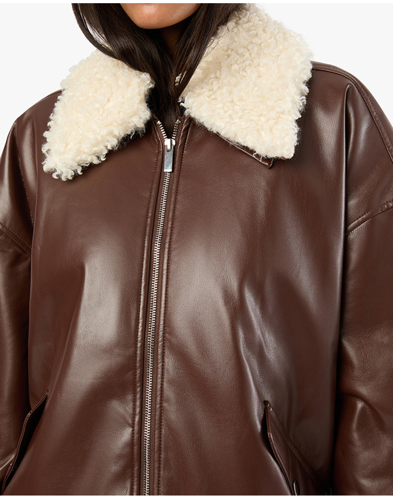 Faux Sherpa Collar Bomber Jacket | Brown