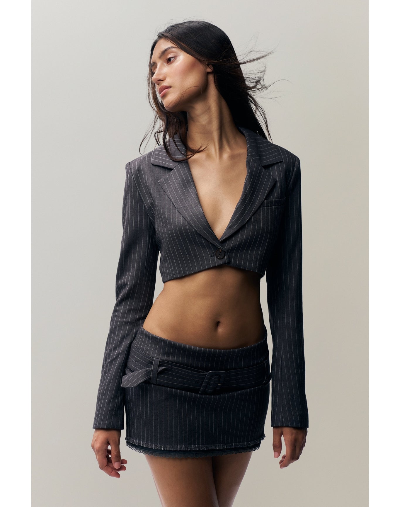 Fei Pinstripe Cropped Blazer | Pinstripe Charcoal