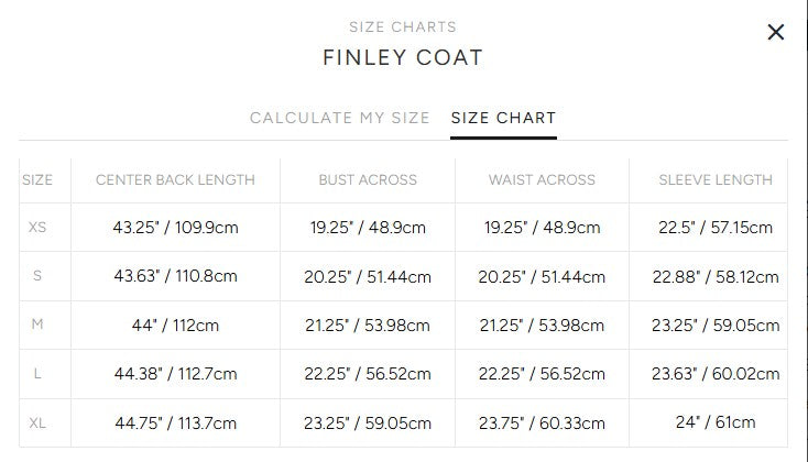Product size guide