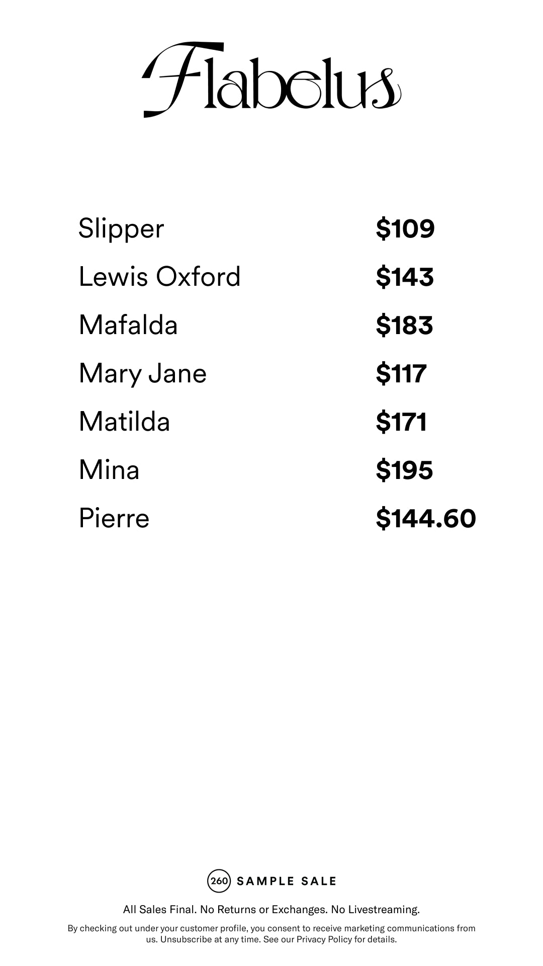 Price table