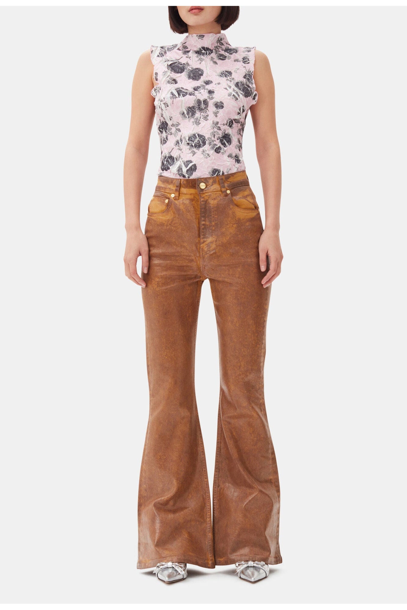 Flared Jeans in Brown Foil Denim | Cognac
