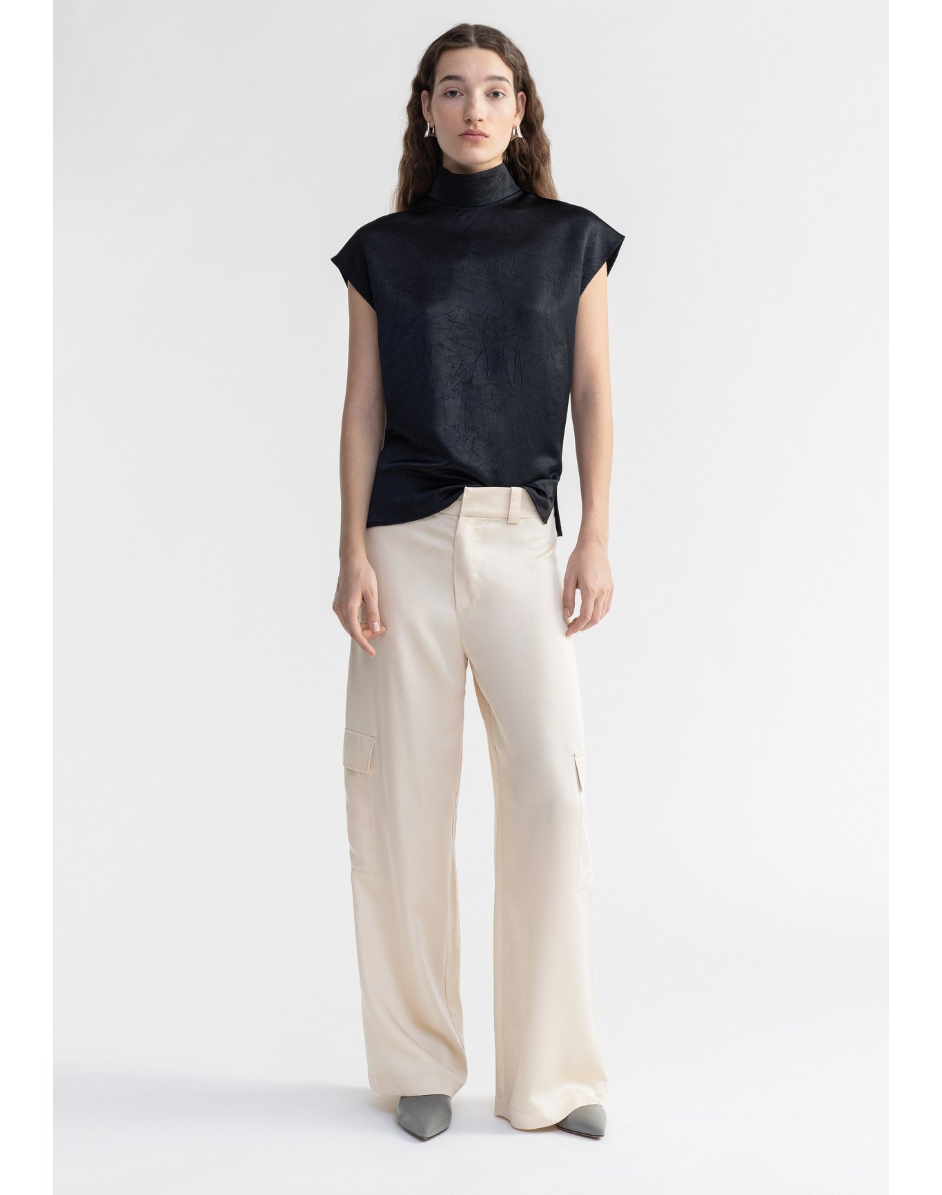 Flora | Satin Sleeveless Turtleneck | Black (V1)