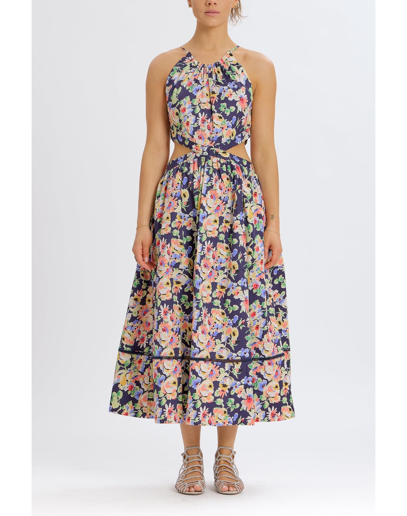 Floral Cut Out Midi Dress | Navy Combo