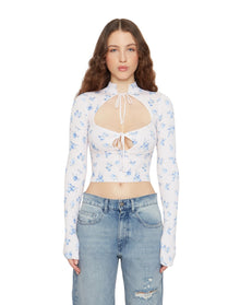 Floral Print Thermal Knit Tie Top | Blue Rose