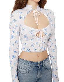 Floral Print Thermal Knit Tie Top | Blue Rose