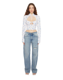 Floral Print Thermal Knit Tie Top | Blue Rose