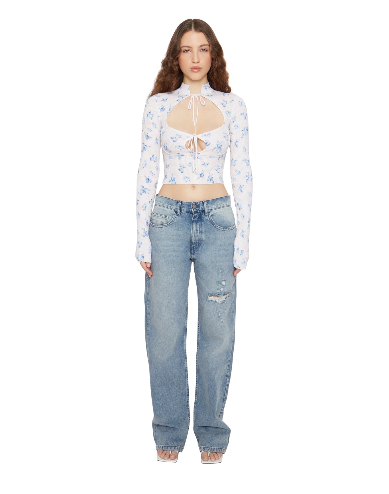 Floral Print Thermal Knit Tie Top | Blue Rose