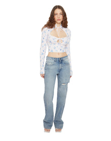 Floral Print Thermal Knit Tie Top | Blue Rose