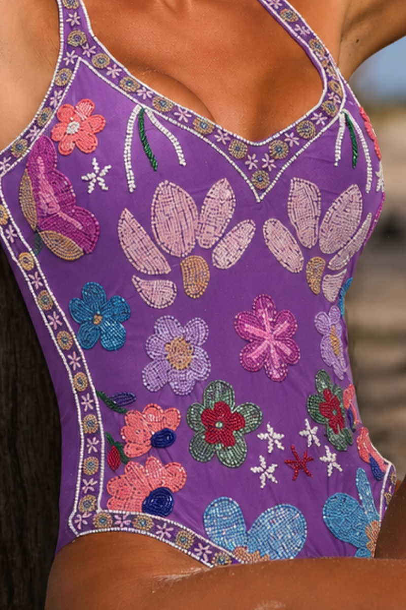 Flower Hand-Beaded Embellished One-Piece Swimsuit - Purple - Self-Adore