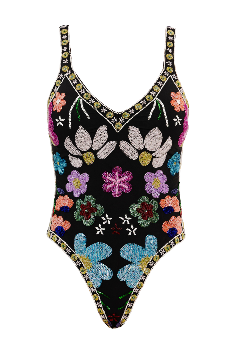Flower Hand - Beaded Embellished One - Piece Swimsuit - Black - Self - Adore