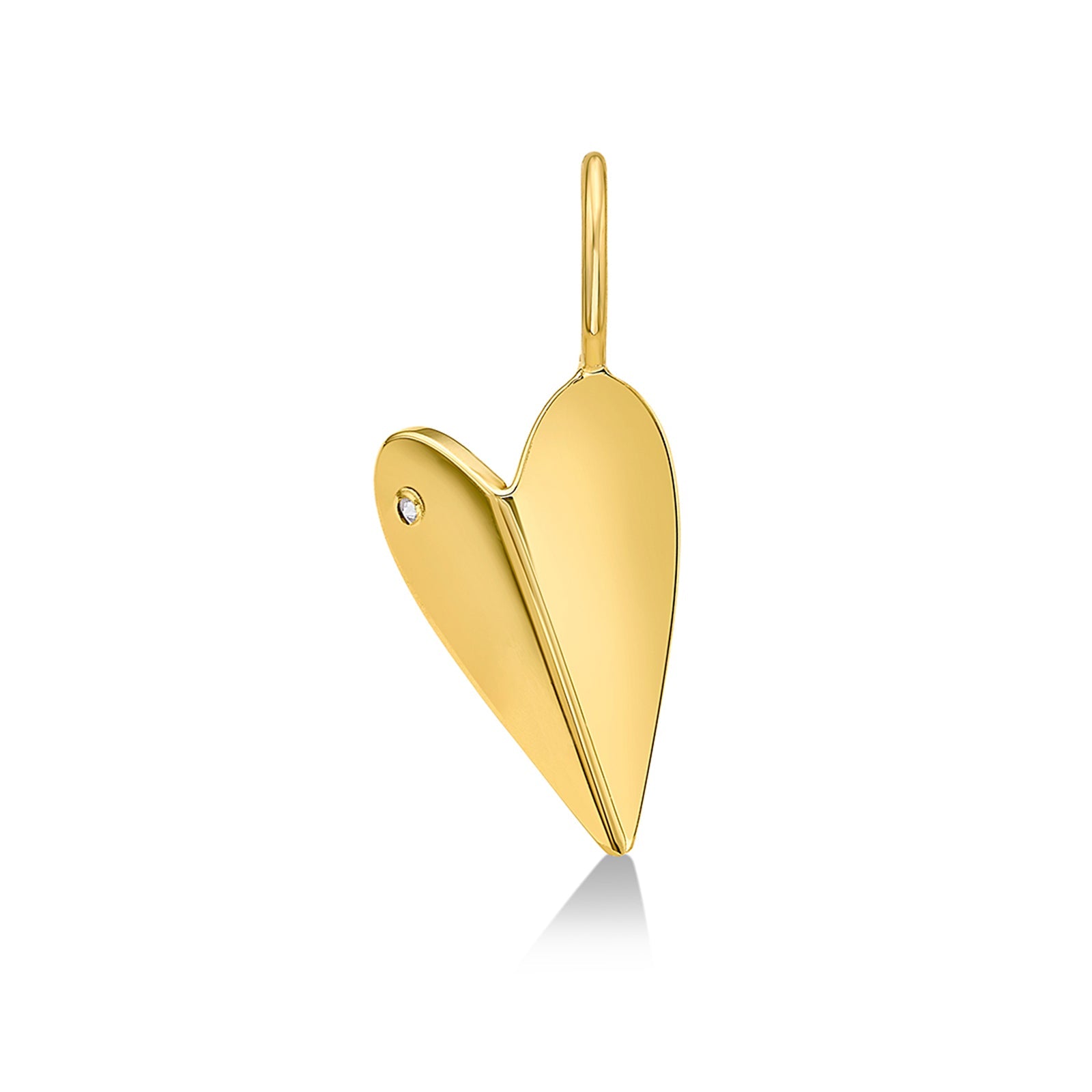 14K Gold Folded Heart Charm with white diamond without engraving on white background