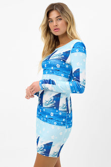 boz long sleeve short dress blue tides wave print