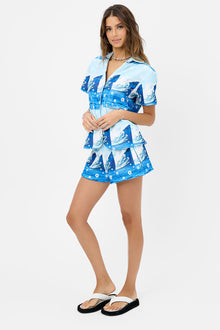 coco blue tides wave print terry button up top